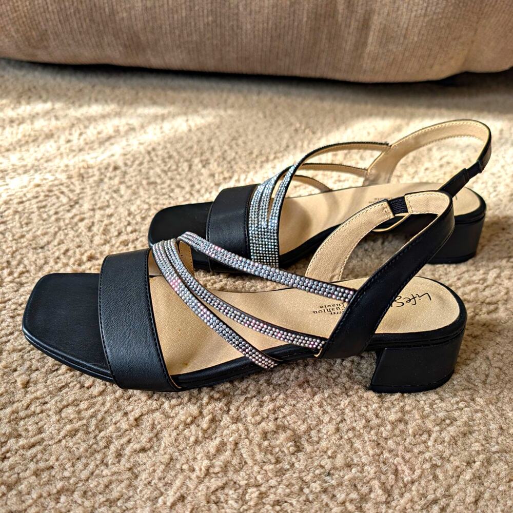 LifeStride Women’s Black/Silver Rhinestone Strap Slingback Sandals Slip-On 10